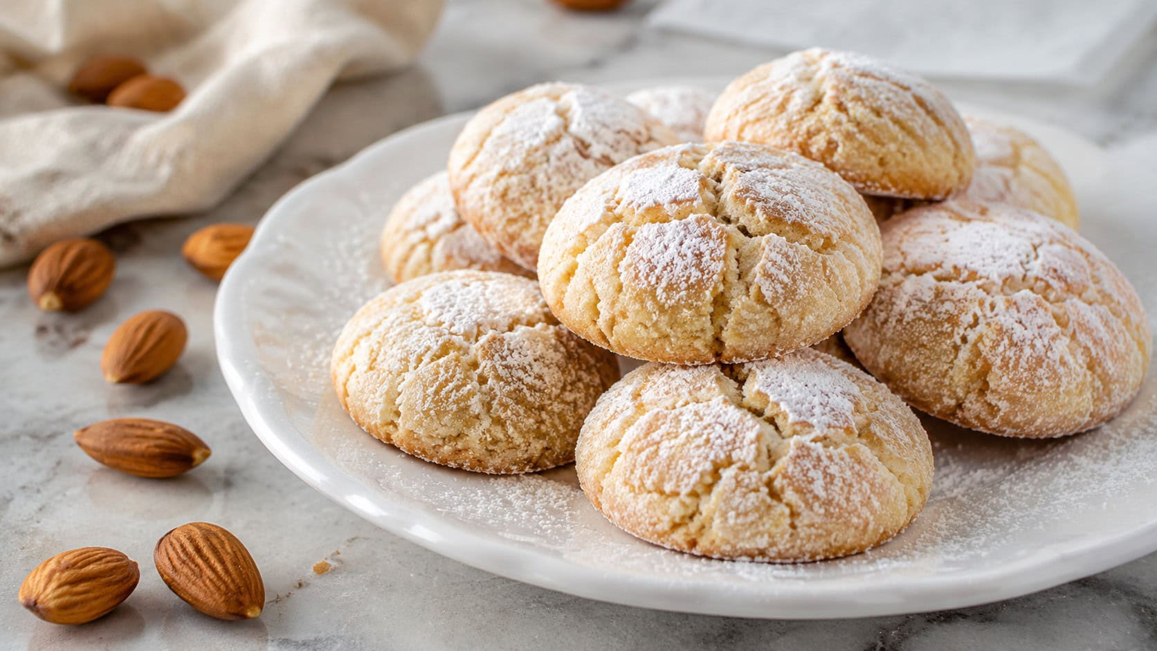 crackled amaretti cookies dusted with powdered sugar on a white plate in a wide horizontal shot, chewy golden cookies with cracked tops, scattered almonds nearby, soft natural light, shallow depth of field, landscape orientation