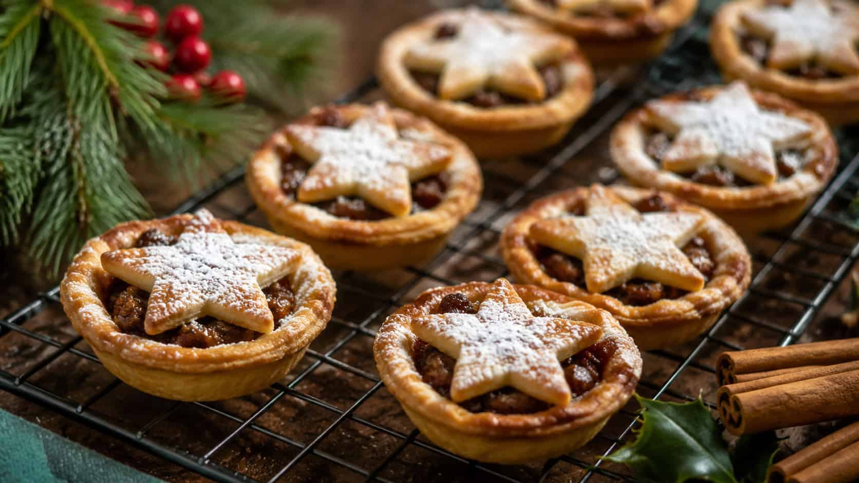golden mincemeat tarts topped with pastry stars dusted with powdered sugar on a cooling rack in a wide horizontal shot, flaky crusts, holiday greenery and cinnamon nearby, warm natural light, shallow depth of field, landscape orientation