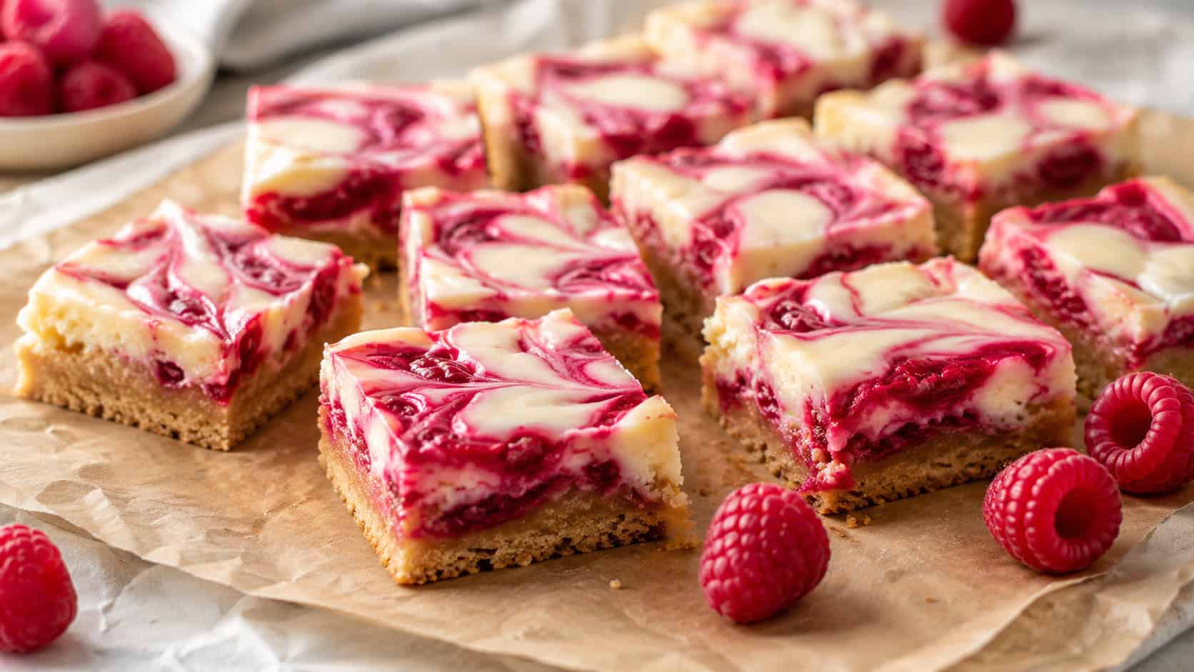 white chocolate raspberry bars with pink jam swirls cut into squares on parchment in a wide horizontal shot, golden blondie base with ruby swirls, fresh raspberries scattered nearby, bright natural light, shallow depth of field, landscape orientation