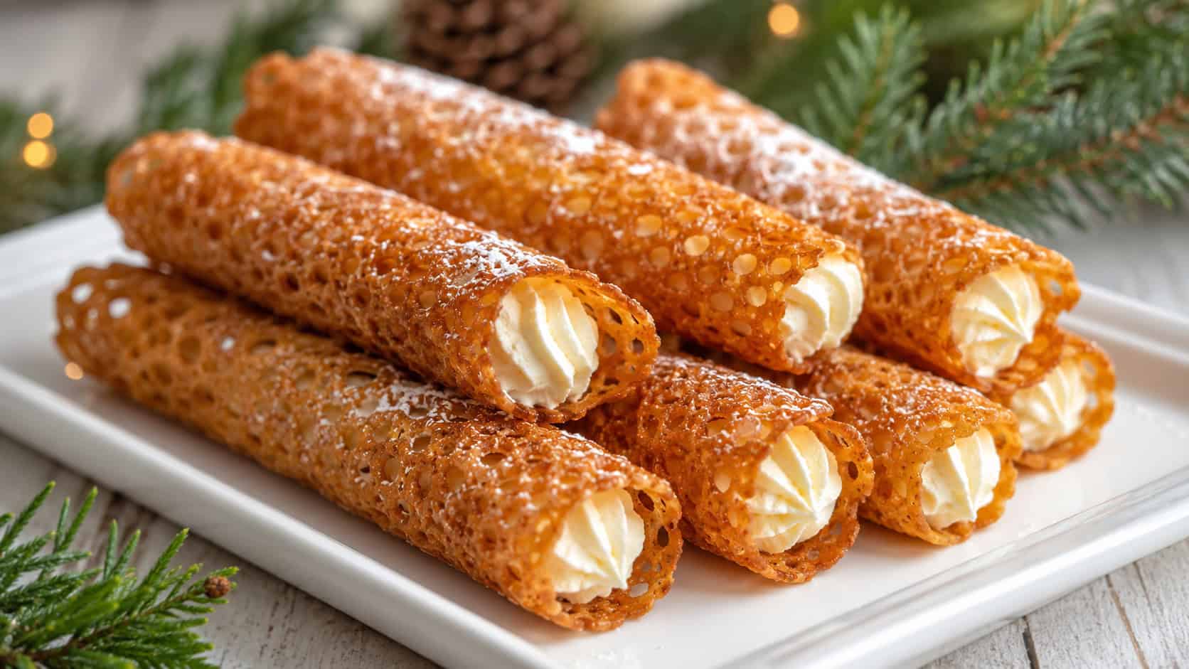 lacy brandy snap tubes filled with piped cream arranged on a white platter in a wide horizontal shot, golden crisp curls, a dusting of sugar and holiday greenery, soft natural light, shallow depth of field, landscape orientation