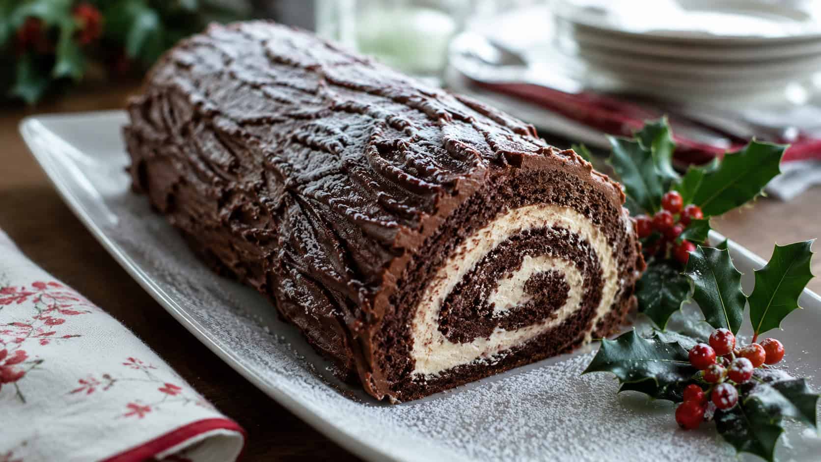 a chocolate yule log cake with bark-textured frosting dusted with powdered sugar on a long platter in a wide horizontal shot, a slice cut to show the cream spiral, holly sprigs beside it, soft natural light, shallow depth of field, landscape orientation