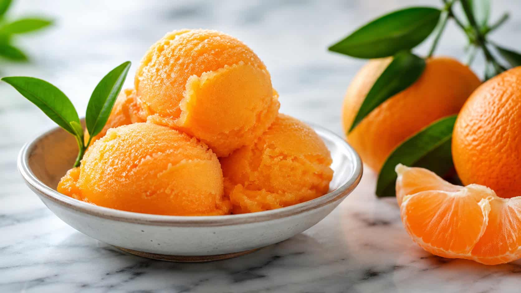 scoops of bright orange clementine sorbet in a shallow bowl on a marble surface in a wide horizontal shot, glistening icy texture, fresh clementines and leaves beside it, crisp bright natural light, shallow depth of field, landscape orientation