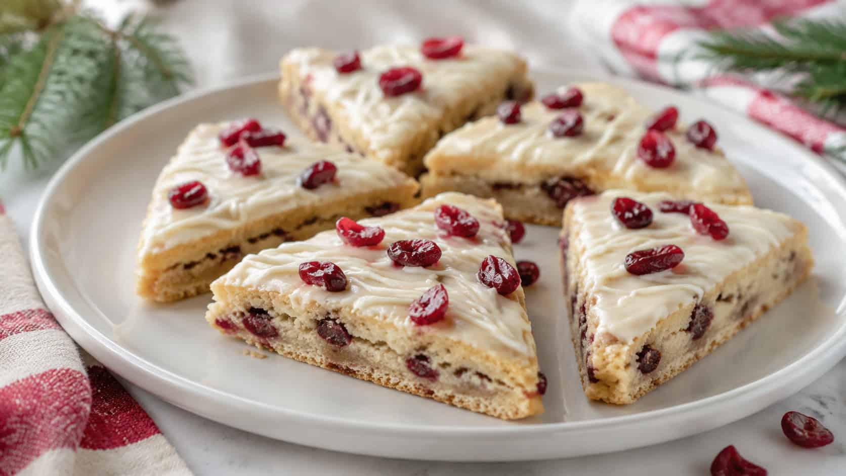 cranberry bliss bar triangles with cream cheese frosting and red cranberries on a white plate in a wide horizontal shot, white chocolate drizzle on top, festive linen nearby, soft natural light, shallow depth of field, landscape orientation