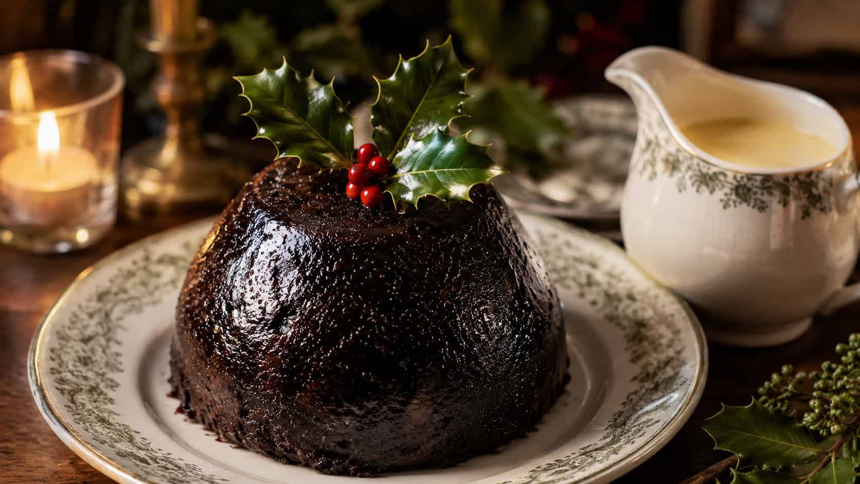 a dark domed Christmas pudding topped with a sprig of holly on a vintage plate in a wide horizontal shot, glossy rich surface, a jug of cream alongside, warm candlelit natural light, shallow depth of field, landscape orientation