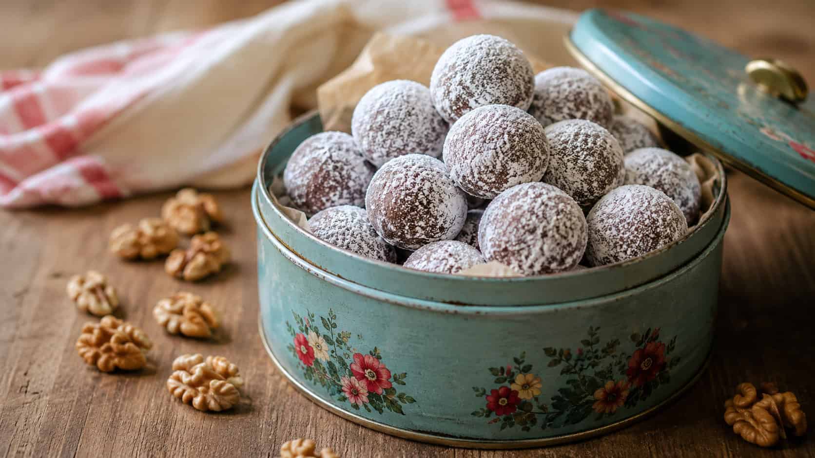 powdered-sugar-coated rum balls piled in a vintage tin, in a wide horizontal shot on a wooden table with walnut halves scattered nearby, warm natural light, shallow depth of field, landscape orientation