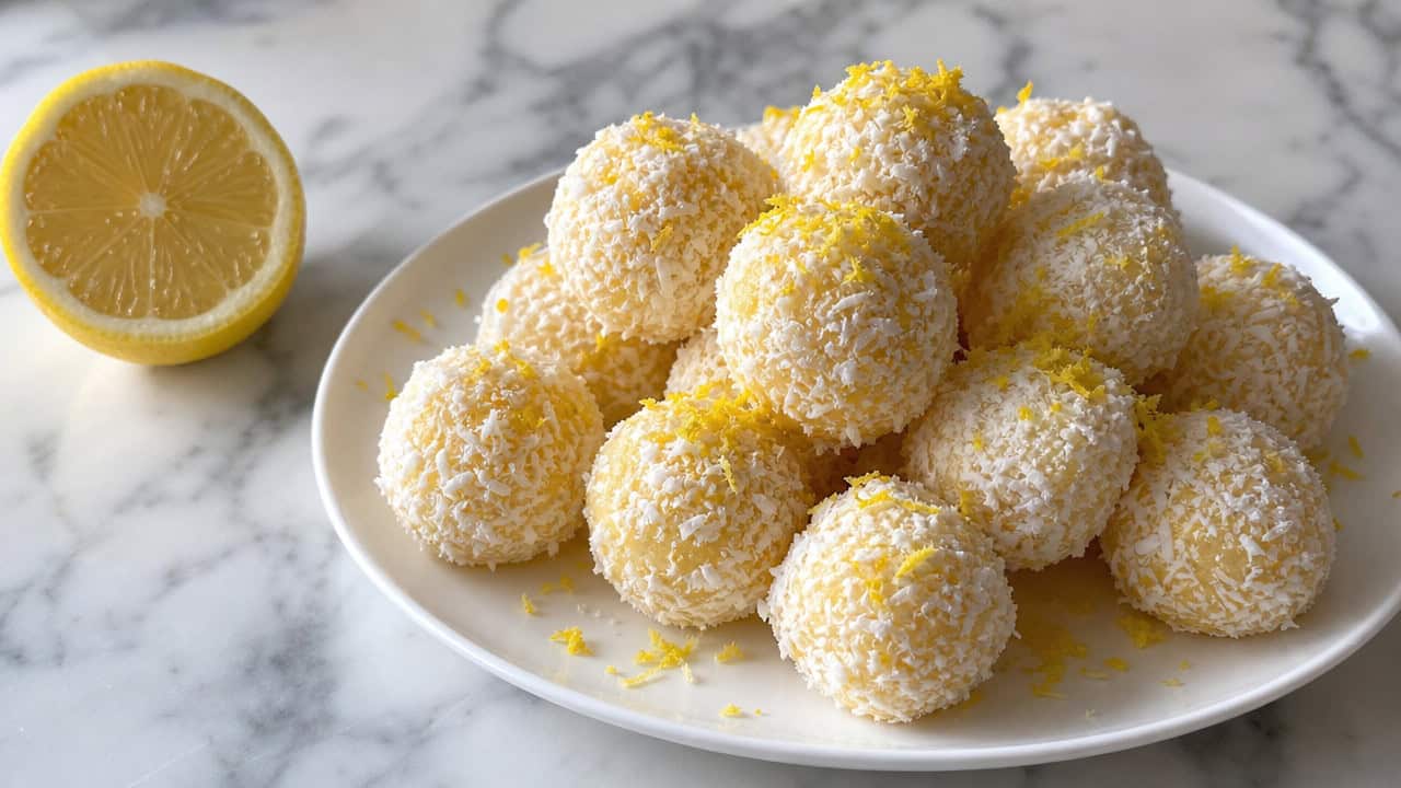 round coconut-coated lemon bites piled on a plate with lemon zest sprinkled over, in a wide horizontal shot on a bright marble surface with a lemon half nearby, fresh natural light, shallow depth of field, landscape orientation