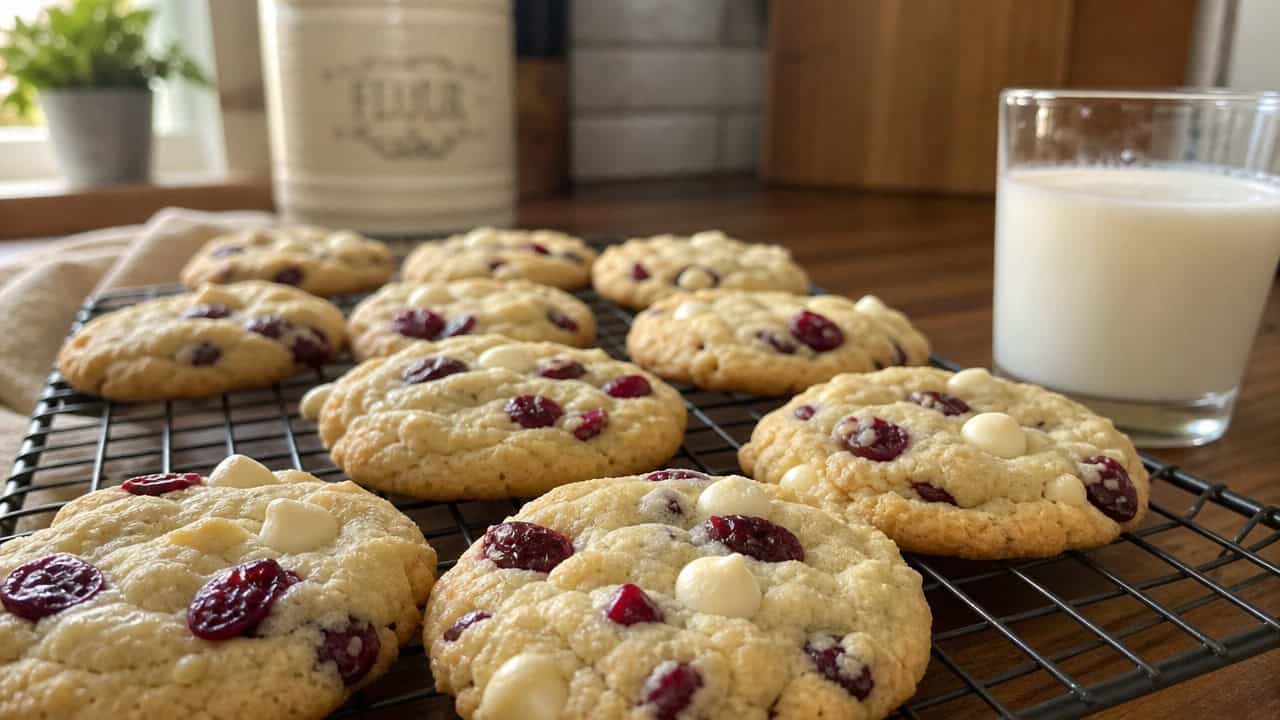 soft cookies studded with red cranberries and white chocolate chips on a cooling rack, in a wide horizontal shot on a wooden counter with a glass of milk, warm natural light, shallow depth of field, landscape orientation