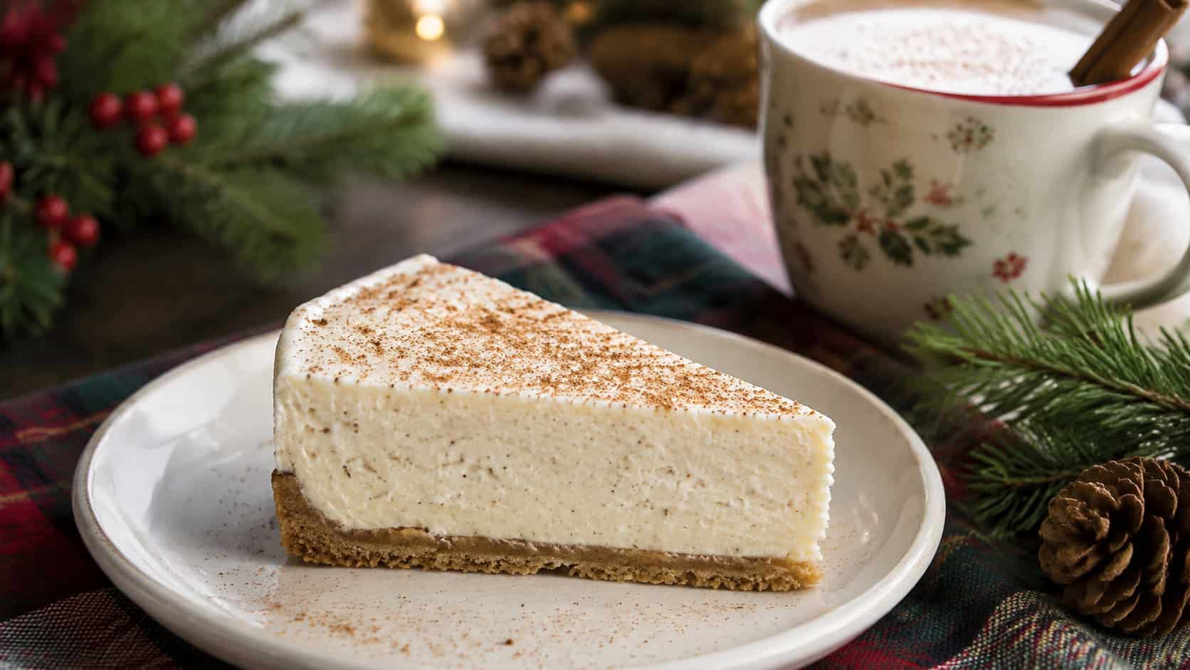 a creamy no-bake cheesecake slice dusted with nutmeg on a small plate, in a wide horizontal shot on a holiday table with a sprig of greenery and a mug of eggnog nearby, soft natural light, shallow depth of field, landscape orientation
