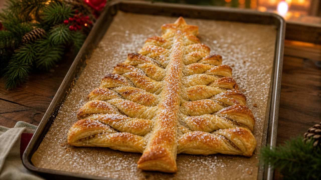 a golden puff pastry shaped like a Christmas tree with twisted branches and a dusting of powdered sugar, in a wide horizontal shot on a baking sheet with festive greenery, warm bakery light, shallow depth of field, landscape orientation