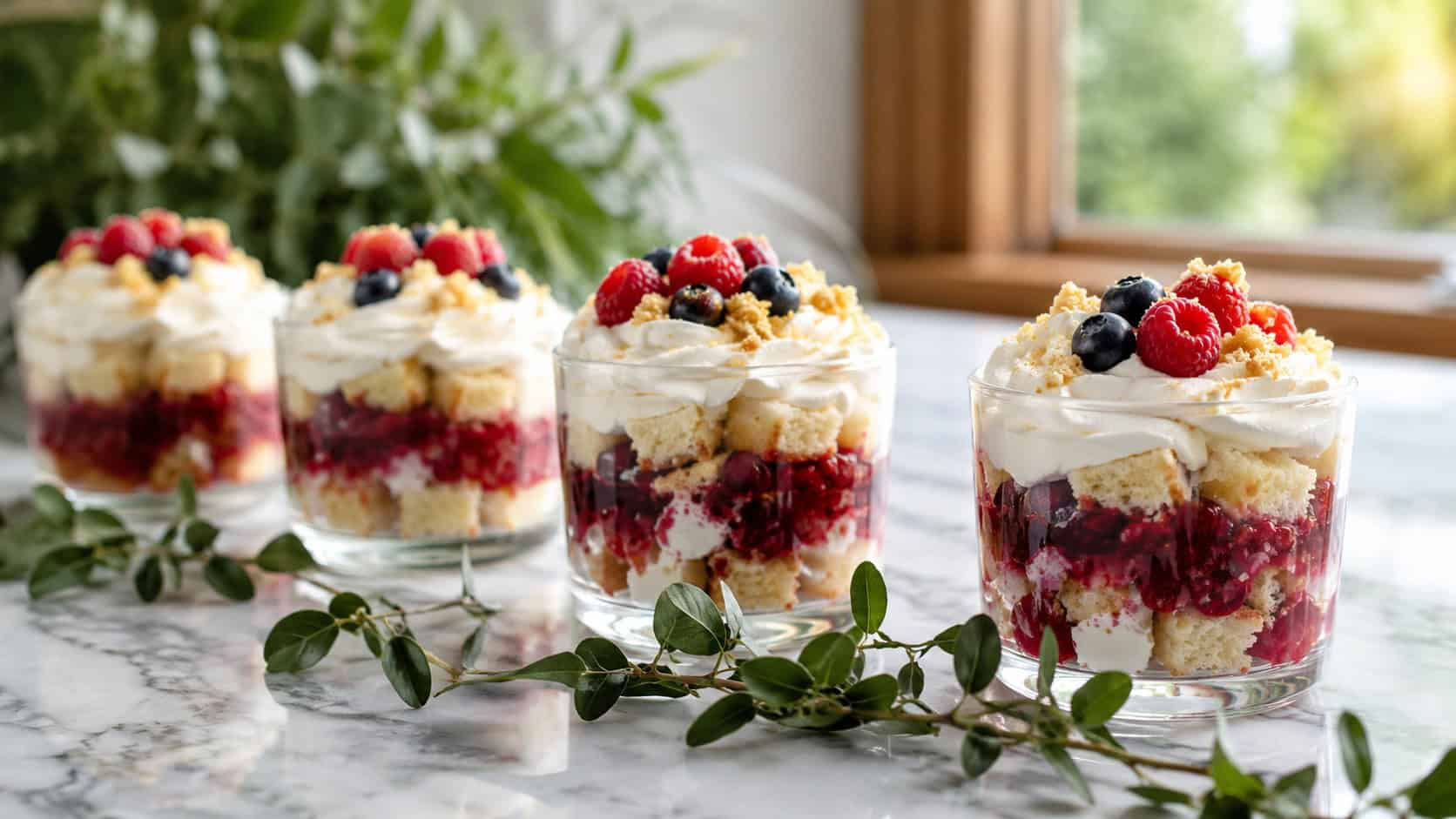 individual trifle cups layered with cake, red berries, and whipped cream, in a wide horizontal shot lined up on a marble surface with greenery accents, bright natural light, shallow depth of field, landscape orientation