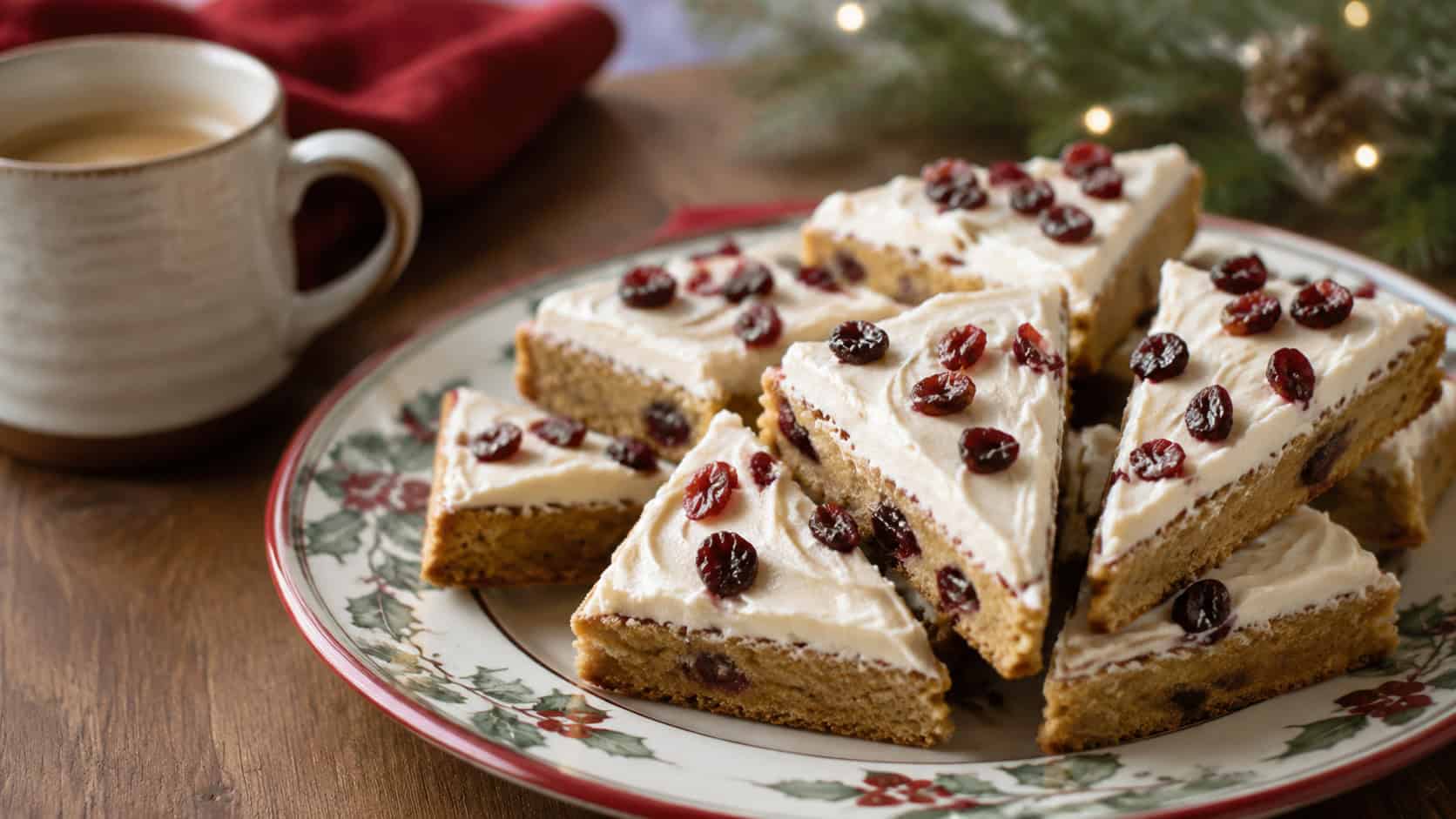 triangular cranberry blondie bars with white frosting and dried cranberries on top, in a wide horizontal shot on a festive plate with a cup of coffee beside them, warm natural light, shallow depth of field, landscape orientation