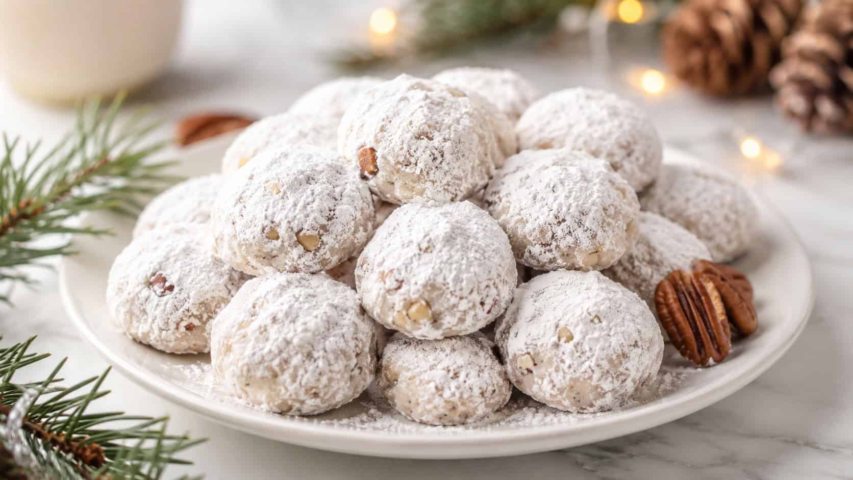 round powdered-sugar-coated pecan cookies piled on a plate like little snowballs, in a wide horizontal shot on a white surface with pine sprigs nearby, soft bright light, shallow depth of field, landscape orientation