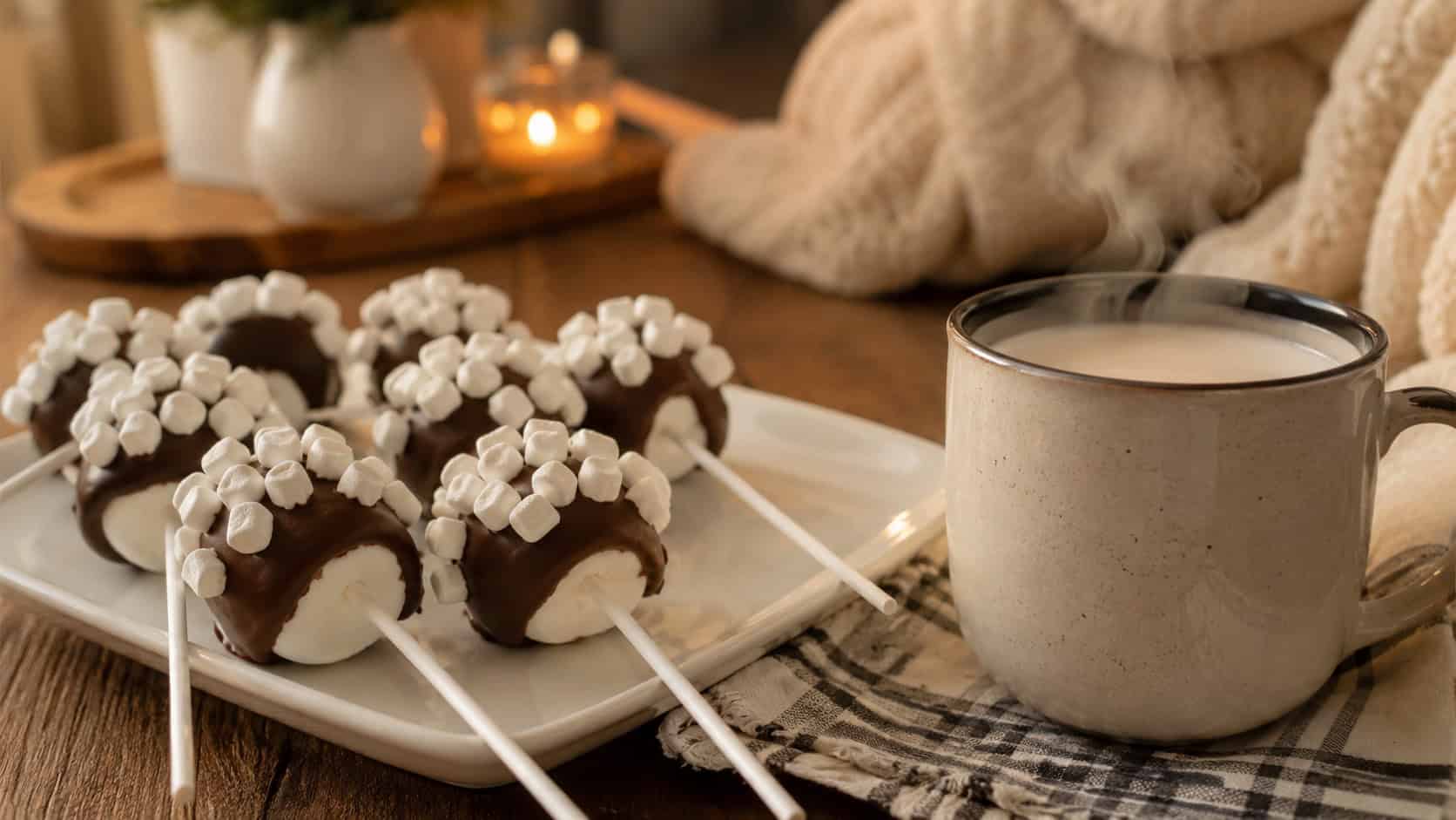chocolate-dipped marshmallow pops on sticks topped with mini marshmallows, in a wide horizontal shot beside a steaming mug of hot milk on a cozy table, warm inviting light, shallow depth of field, landscape orientation