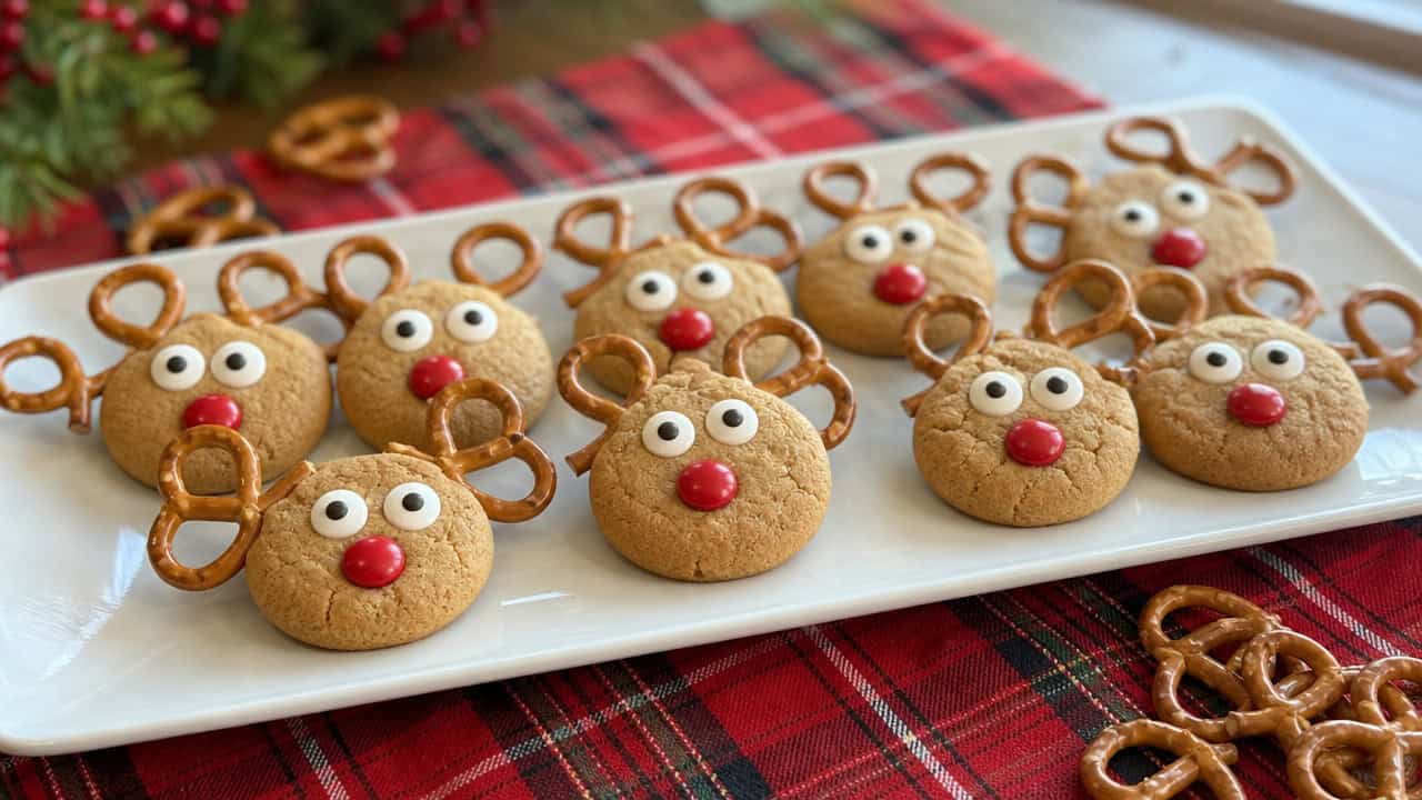 a platter of adorable reindeer-faced peanut butter cookies with pretzel antlers, candy eyes, and bright red candy noses, arranged in a wide horizontal shot on a white ceramic plate over a red plaid table runner, scattered pretzels nearby, natural window light, shallow depth of field, landscape orien