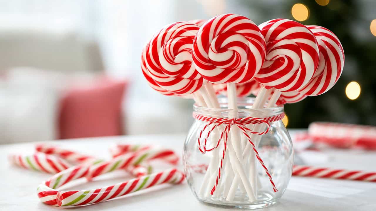 glossy red and white swirled peppermint lollipops on sticks arranged in a wide horizontal composition standing in a glass jar on a white table with scattered candy canes, bright cheerful light, shallow depth of field, landscape orientation