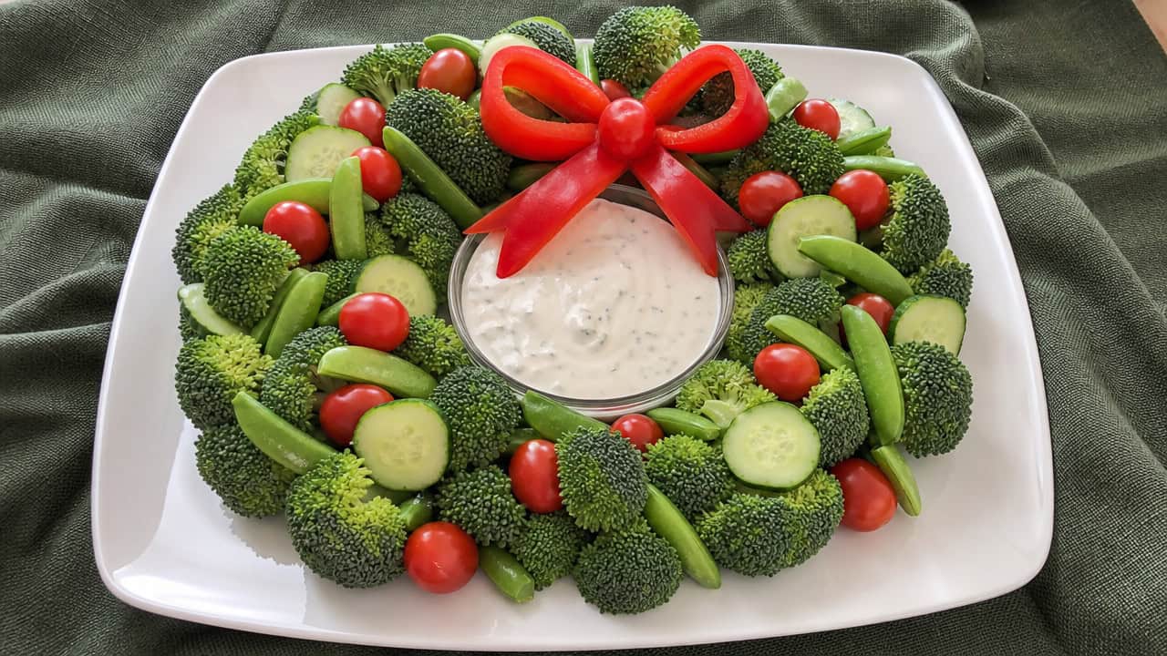 a festive vegetable wreath made of broccoli, snap peas, cucumber, and cherry tomatoes circling a bowl of creamy dip with a red pepper bow, shown in a wide horizontal overhead shot on a white platter over a green cloth, fresh natural light, shallow depth of field, landscape orientation