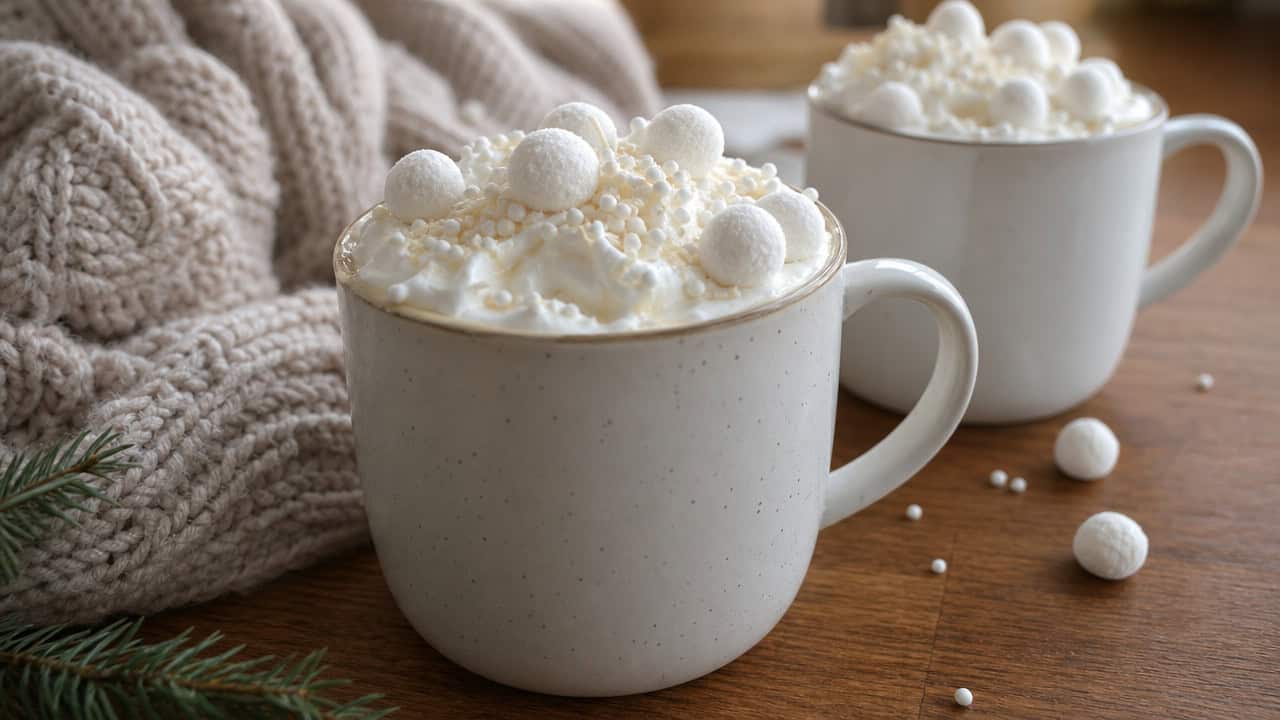 mugs of creamy white hot chocolate topped with whipped cream, marshmallow snowballs, and white sprinkles, shown in a wide horizontal composition on a cozy wooden table with a knit blanket nearby, warm natural light, shallow depth of field, landscape orientation