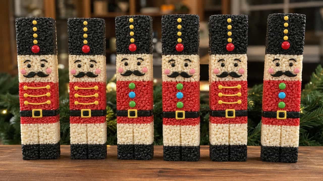 tall crispy rice cereal treats decorated as colorful nutcracker soldiers with red jackets, black hats, and candy buttons, standing in a wide horizontal row on a wooden board with greenery behind, warm festive light, shallow depth of field, landscape orientation