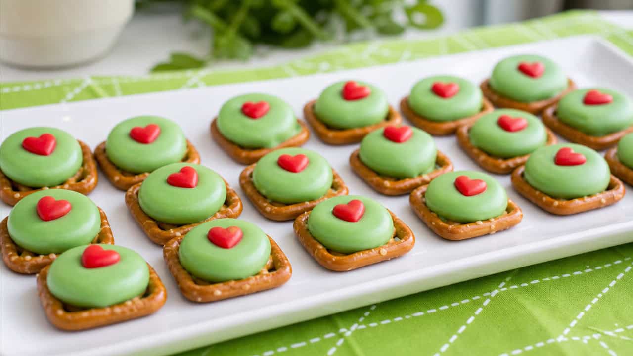bite-sized pretzel snaps topped with melted green chocolate and a single red heart candy each, arranged in a wide horizontal composition on a white plate over a bright green napkin, cheerful natural light, shallow depth of field, landscape orientation