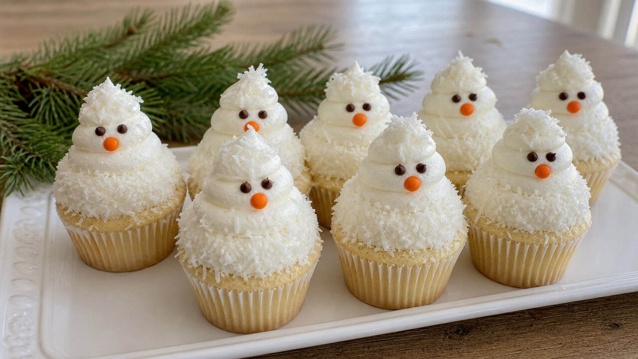 a tray of cheerful snowman cupcakes with tall white frosting swirls, coconut snow, mini chocolate chip eyes, and orange candy noses, shown in a wide horizontal composition on a wooden table with a sprig of pine, soft natural light, shallow depth of field, landscape orientation