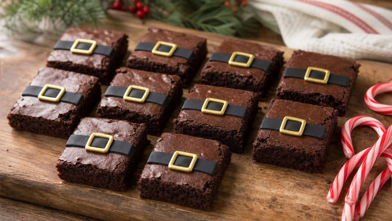 fudgy chocolate brownie squares decorated to look like Santa's belt with black icing bands and gold candy buckles, arranged in a wide horizontal shot on a rustic wooden board, a few candy canes off to the side, warm natural light, shallow depth of field, landscape orientation
