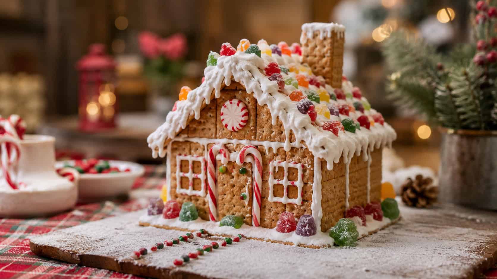 a cheerful graham cracker gingerbread house decorated with colorful gummy candies, candy canes, and white icing snow, displayed in a wide horizontal shot on a festive table with a light dusting of powdered sugar, soft warm light, shallow depth of field, landscape orientation