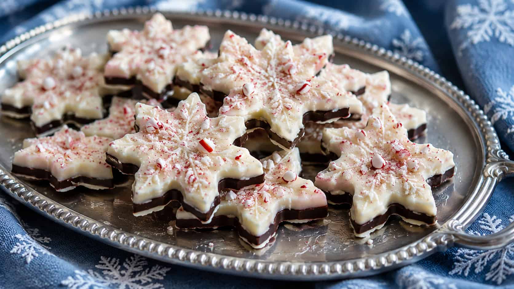 delicate snowflake-shaped peppermint bark with layers of dark and white chocolate topped with crushed red and white candy cane, arranged in a wide horizontal composition on a silver tray over a frosty blue cloth, cool natural light, shallow depth of field, landscape orientation