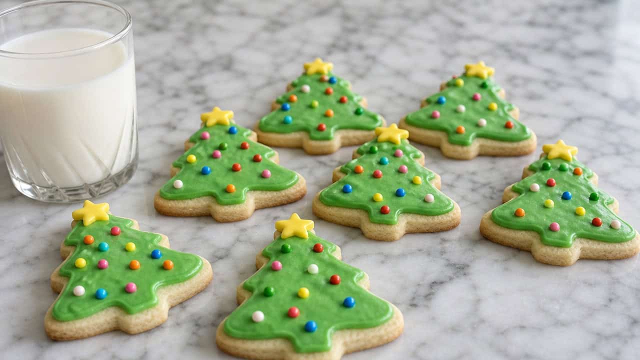 Christmas tree shaped sugar cookies iced in green with colorful candy sprinkle ornaments and star toppers, arranged in a wide horizontal composition on a marble counter beside a cup of milk, bright natural light, shallow depth of field, landscape orientation