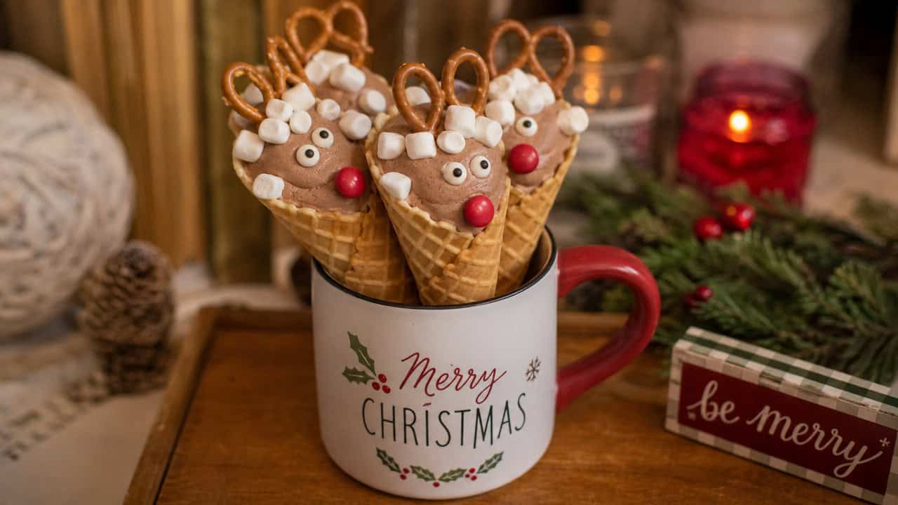 festive waffle cones filled with cocoa mix and marshmallows decorated as reindeer with pretzel antlers and red candy noses, shown in a wide horizontal shot standing in a holiday mug on a wooden tray, warm cozy light, shallow depth of field, landscape orientation
