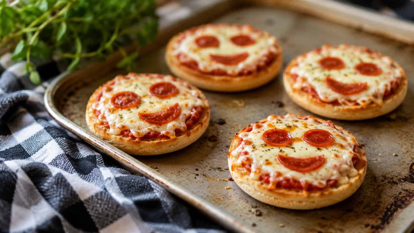 mini English muffin pizzas with melty cheese and pepperoni faces on a baking sheet in a wide horizontal shot, a checkered cloth and herbs nearby, warm natural light, shallow depth of field, landscape orientation