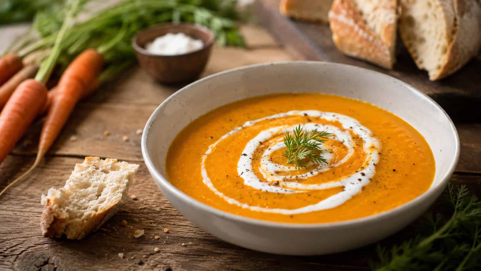a bowl of bright orange carrot soup with a cream swirl on a rustic table in a wide horizontal shot, fresh carrots and crusty bread nearby, warm natural light, shallow depth of field, landscape orientation