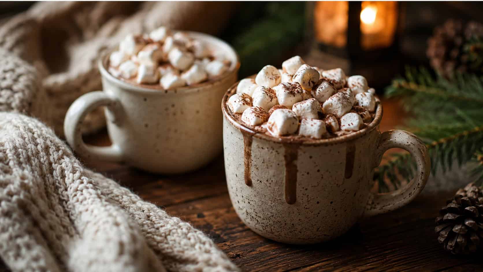 mugs of rich hot chocolate piled high with mini marshmallows on a wooden table in a wide horizontal shot, a cozy blanket and pine sprigs nearby, warm golden light, shallow depth of field, landscape orientation