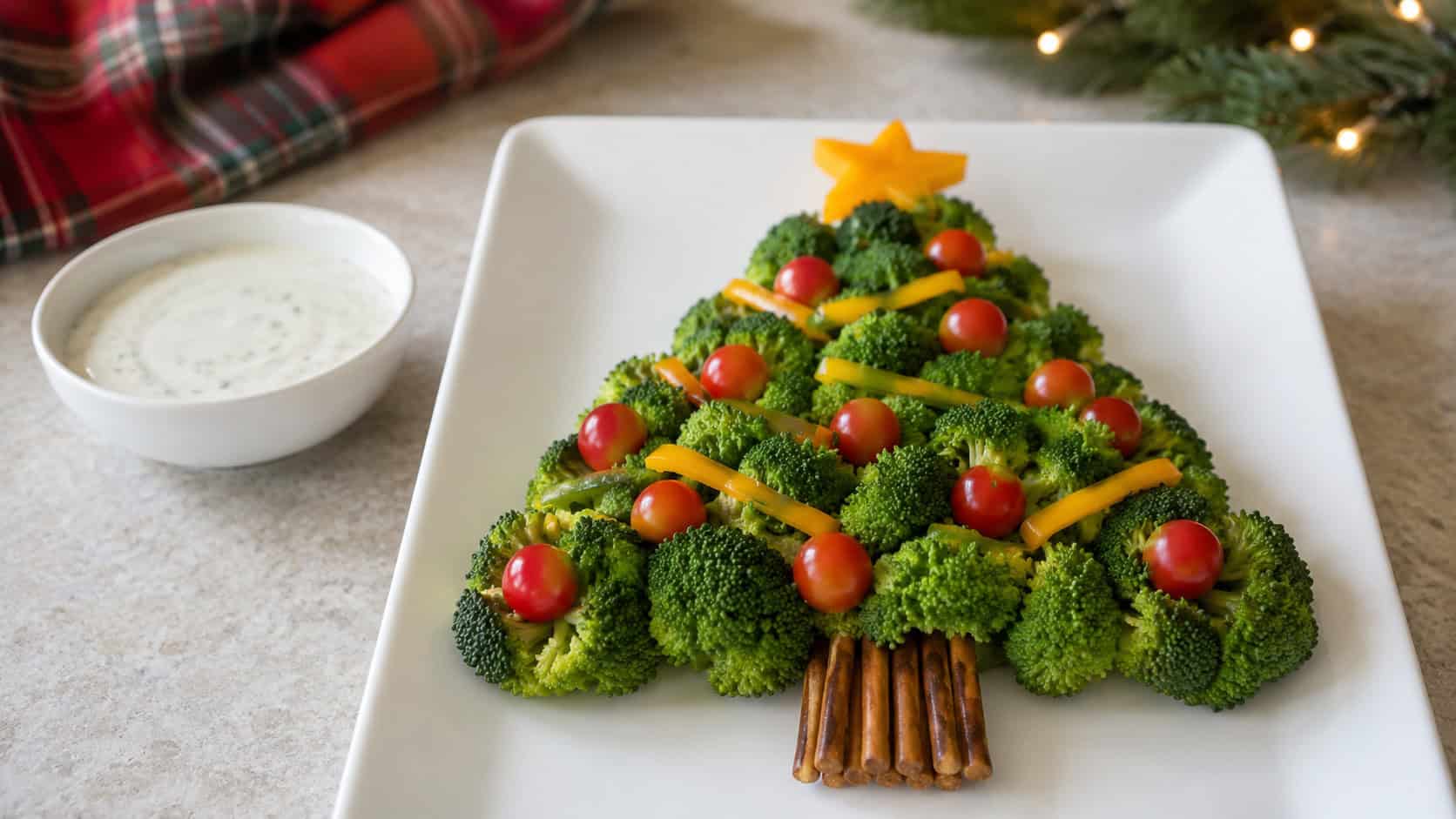 a Christmas tree shaped veggie platter made of broccoli with tomato ornaments and a pepper star on a white tray in a wide horizontal shot, a bowl of ranch dip nearby, bright natural light, shallow depth of field, landscape orientation