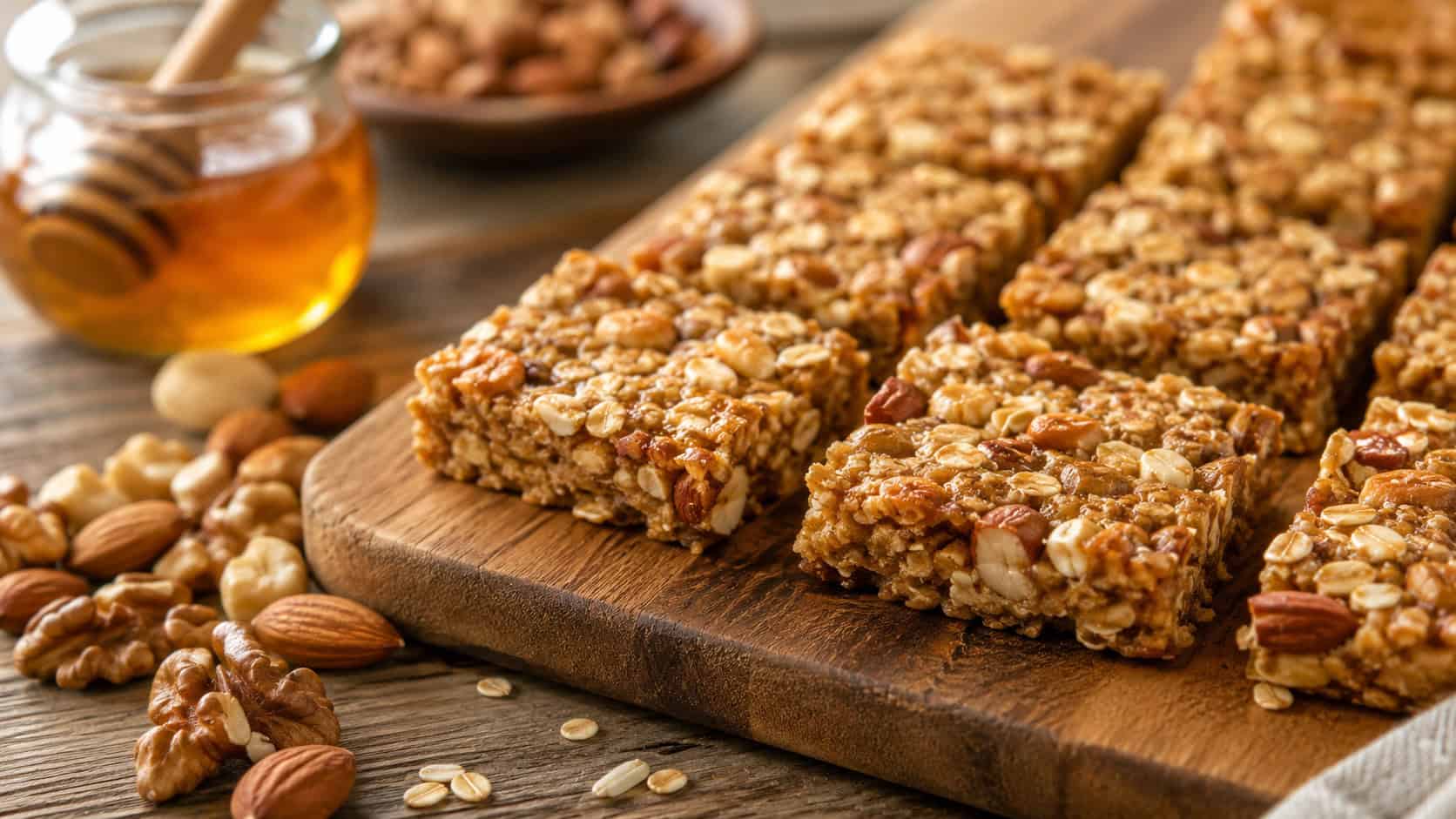 golden oat and nut bars cut into squares on a wooden board in a wide horizontal shot, loose mixed nuts and a honey jar nearby, warm natural light, shallow depth of field, landscape orientation