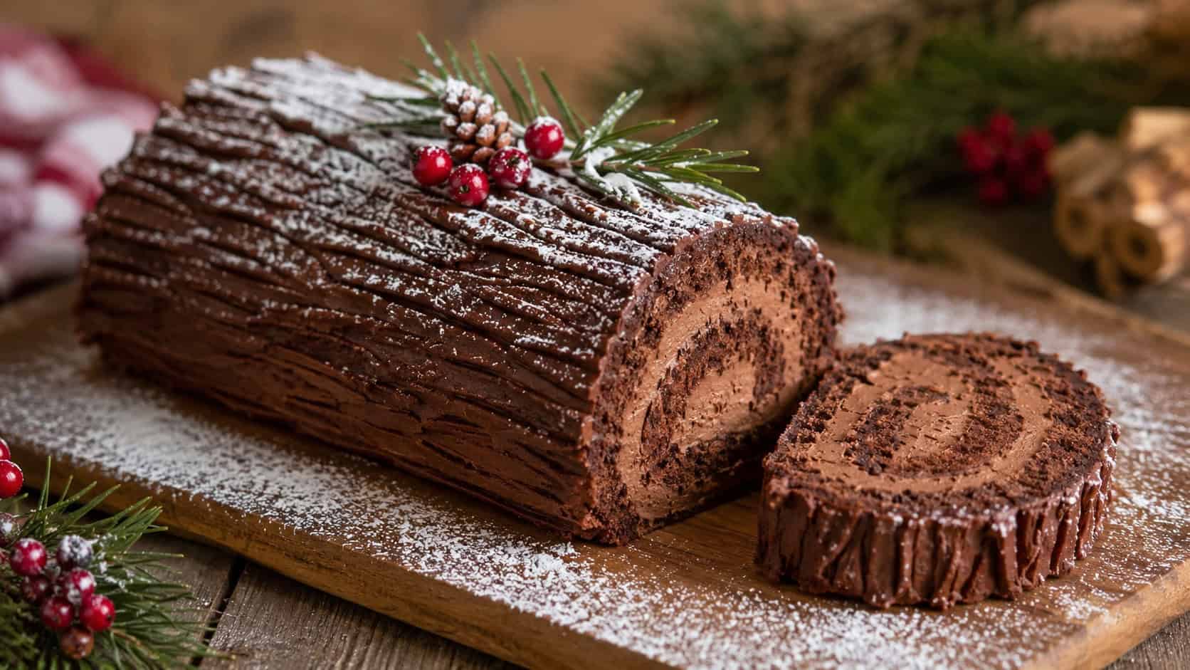 a chocolate yule log cake with bark-textured frosting and powdered sugar snow, one slice cut to show the spiral, on a wooden board in a wide horizontal shot, pine sprigs and berries nearby, warm natural light, shallow depth of field, landscape orientation