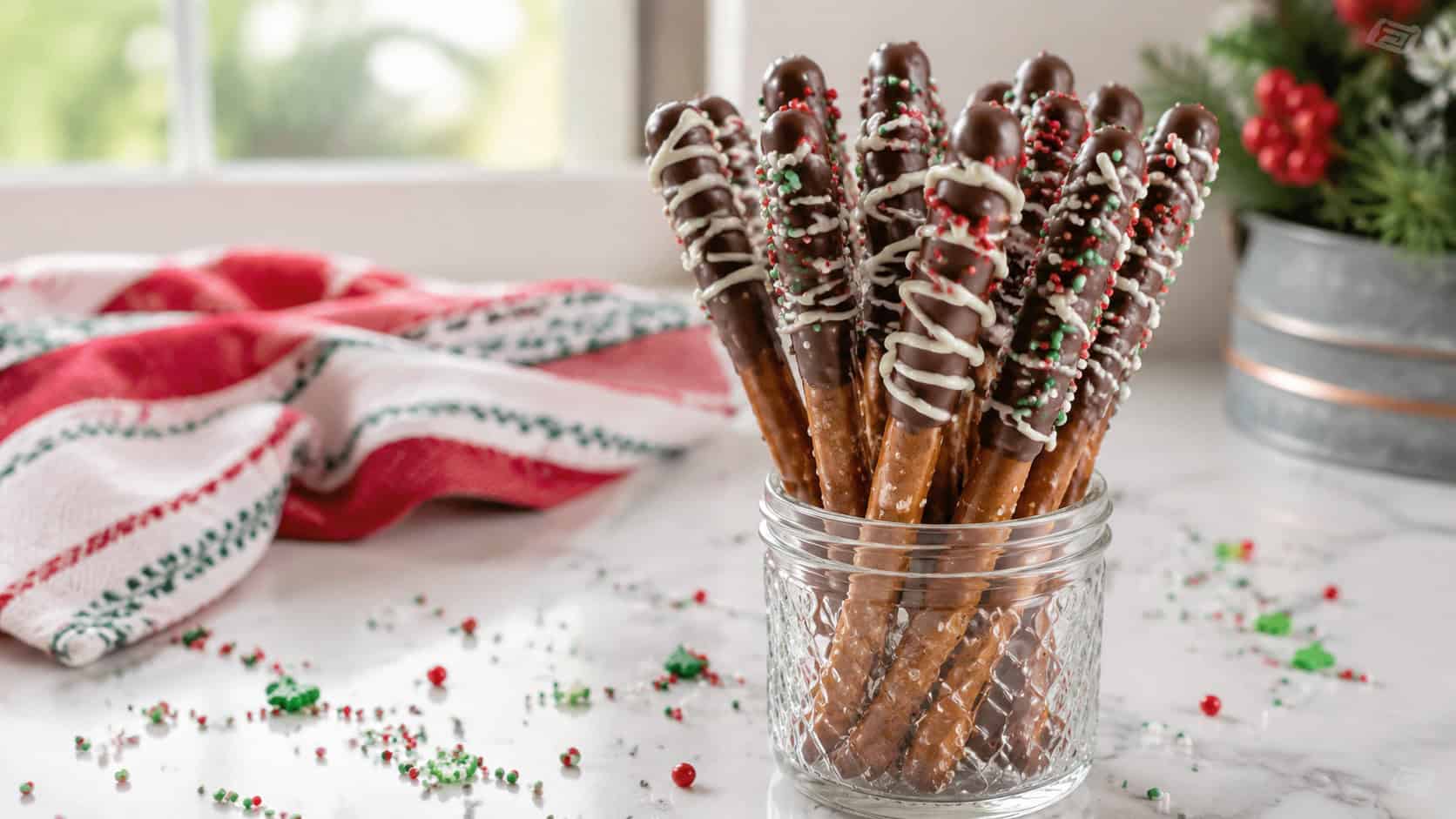 chocolate-dipped pretzel rods drizzled with white chocolate and holiday sprinkles arranged in a jar in a wide horizontal shot, scattered sprinkles and a festive cloth nearby, bright natural light, shallow depth of field, landscape orientation
