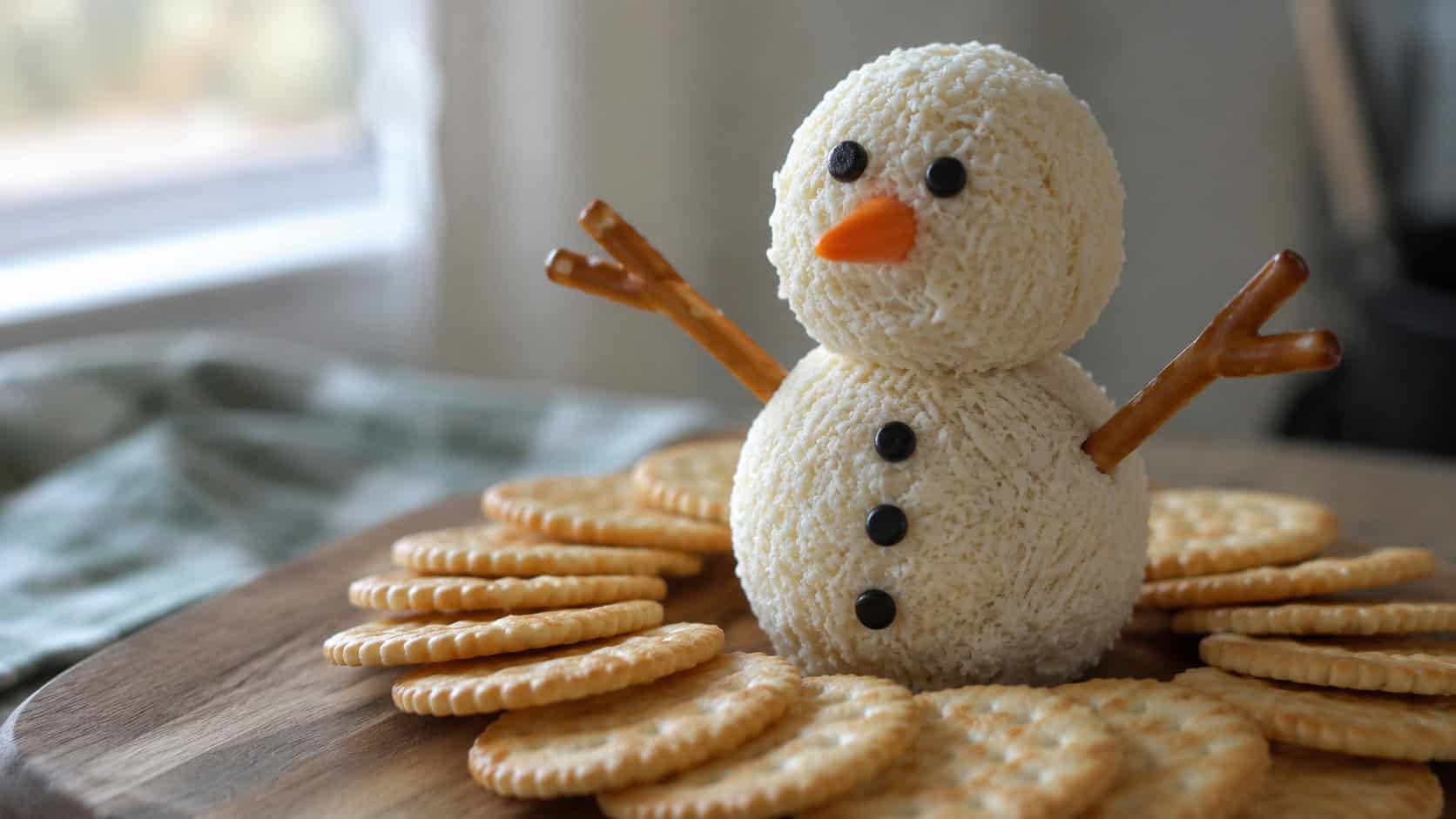 a snowman made from two stacked cheese balls coated in white cheese with pretzel arms and a carrot nose on a wooden board in a wide horizontal shot, crackers fanned around it, soft natural light, shallow depth of field, landscape orientation