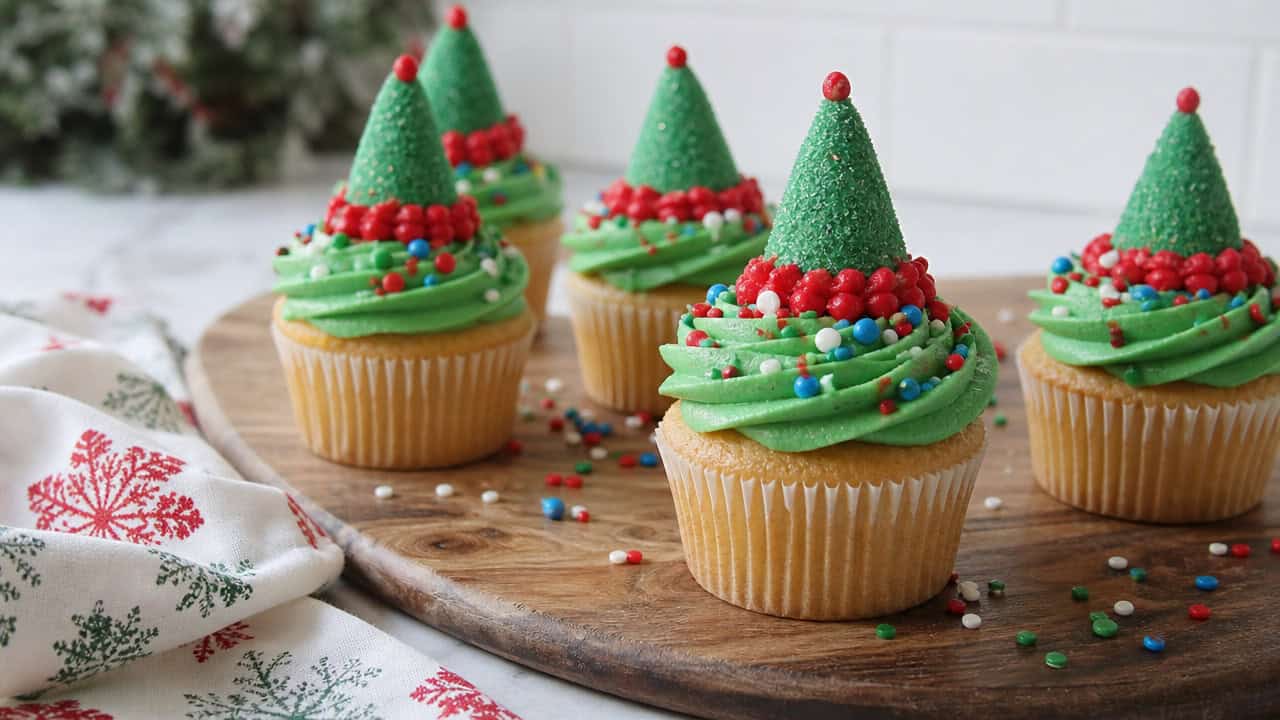cupcakes with green frosting swirls topped with pointed sugar cone elf hats and colorful sprinkles on a wooden board in a wide horizontal shot, a holiday cloth and scattered sprinkles nearby, bright natural light, shallow depth of field, landscape orientation