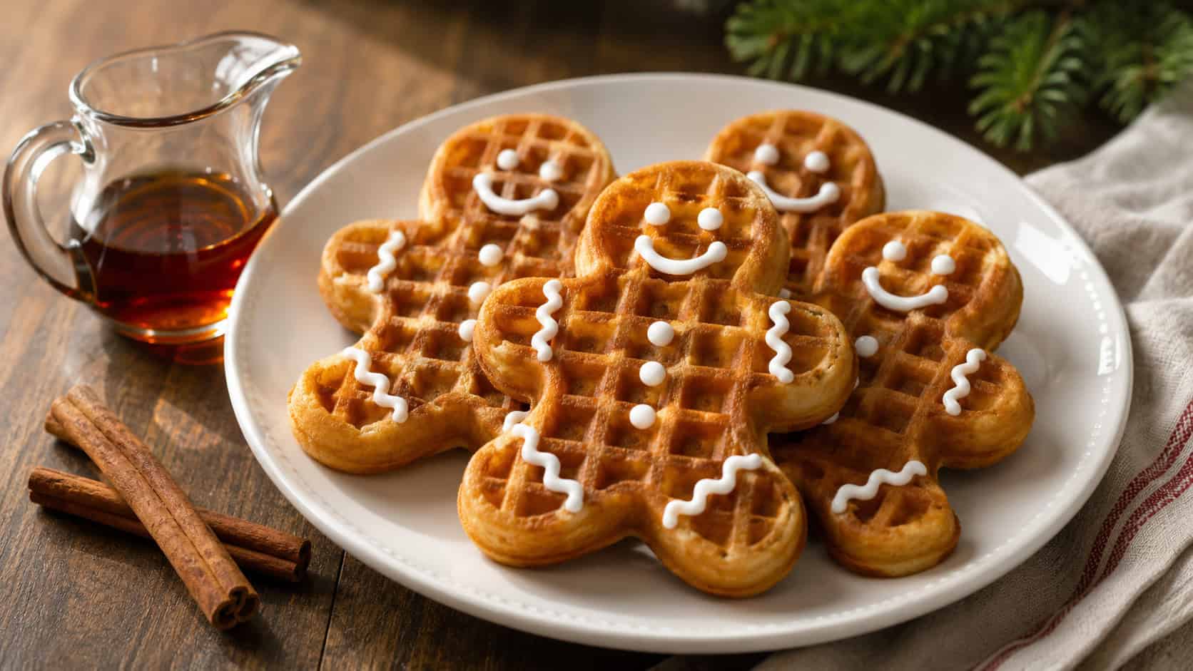gingerbread-man-shaped waffles decorated with white icing faces on a white plate in a wide horizontal shot, a small pitcher of syrup and cinnamon sticks nearby, warm natural light, shallow depth of field, landscape orientation