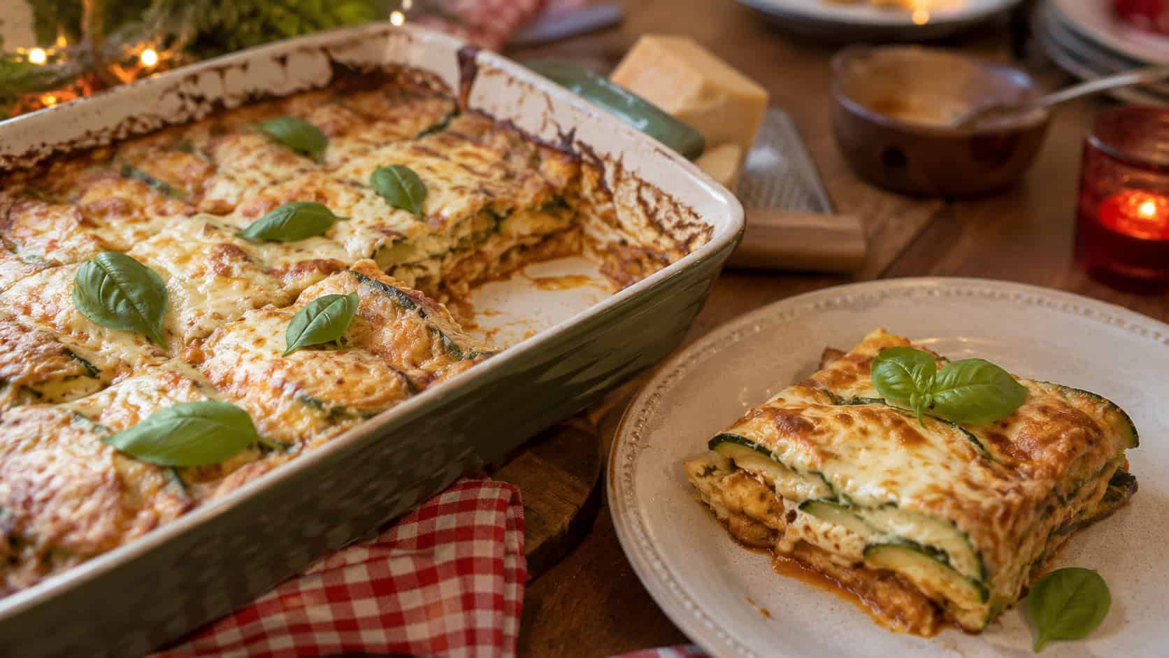 cheesy zucchini lasagna in a wide horizontal shot, one bubbly square lifted onto a plate with fresh basil in a rustic baking dish on a cozy holiday table, natural light, shallow depth of field, landscape orientation