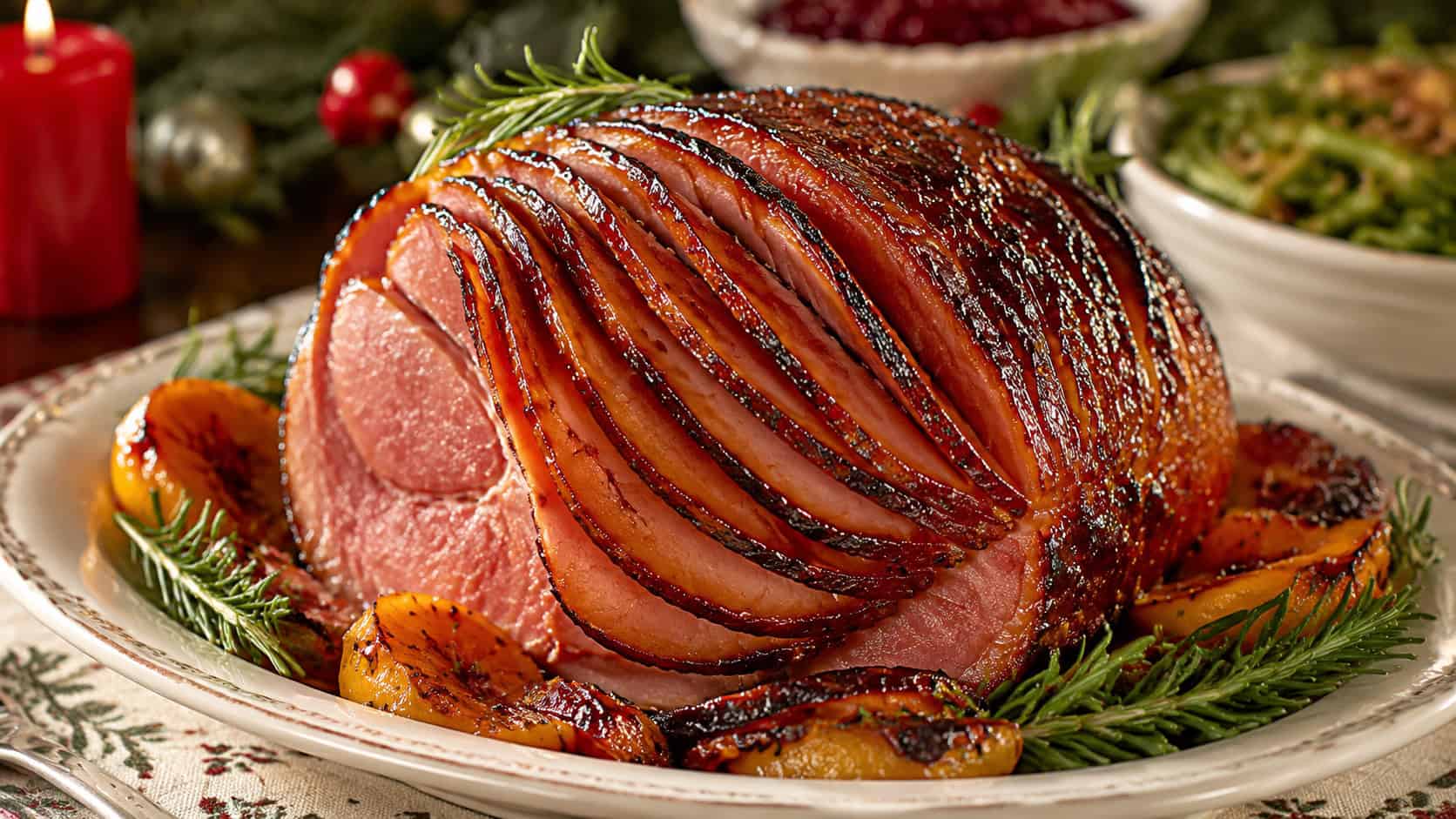 a glossy bourbon-peach glazed spiral ham in a wide horizontal shot, on a serving platter with caramelized edges and rosemary on a festive holiday table, natural light, shallow depth of field, landscape orientation