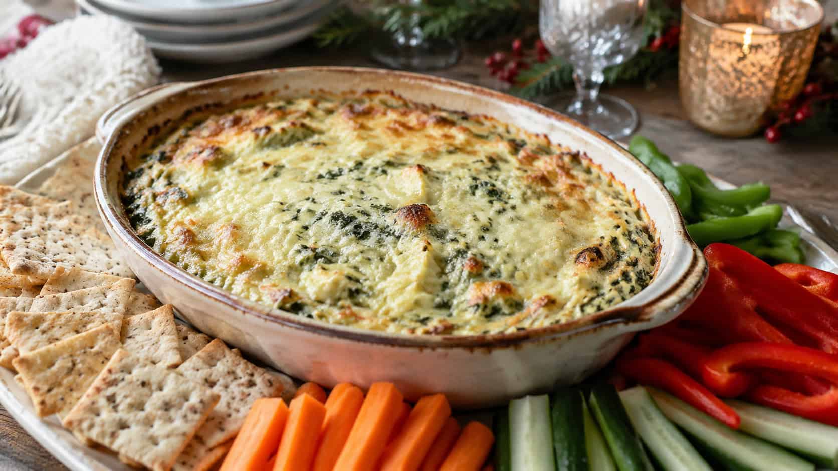 bubbly golden spinach artichoke dip in a wide horizontal shot, in a rustic dish surrounded by gluten-free crackers and vegetable sticks on a holiday appetizer table, natural light, shallow depth of field, landscape orientation