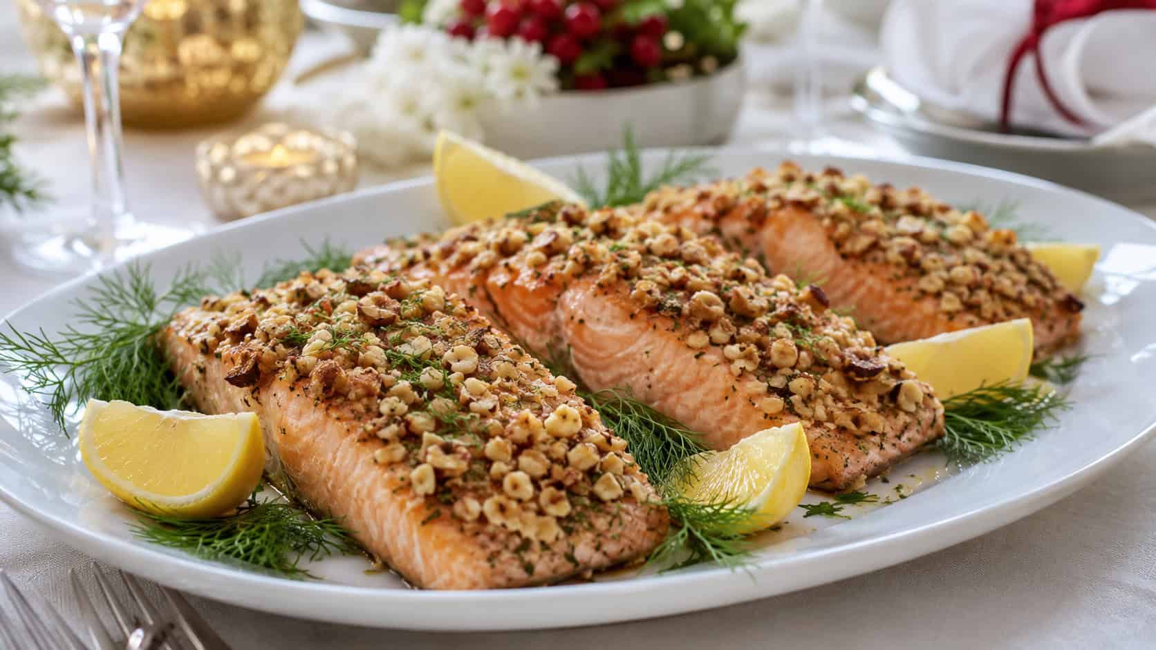 hazelnut-crusted salmon fillets in a wide horizontal shot, plated with lemon wedges and fresh dill on a white dish on an elegant holiday table, natural light, shallow depth of field, landscape orientation