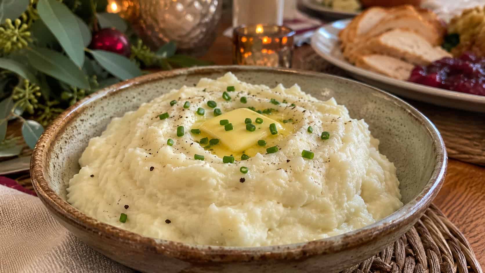 creamy cauliflower mashed potatoes in a wide horizontal shot, in a rustic bowl with a melting pat of butter and chopped chives on a holiday table, natural light, shallow depth of field, landscape orientation