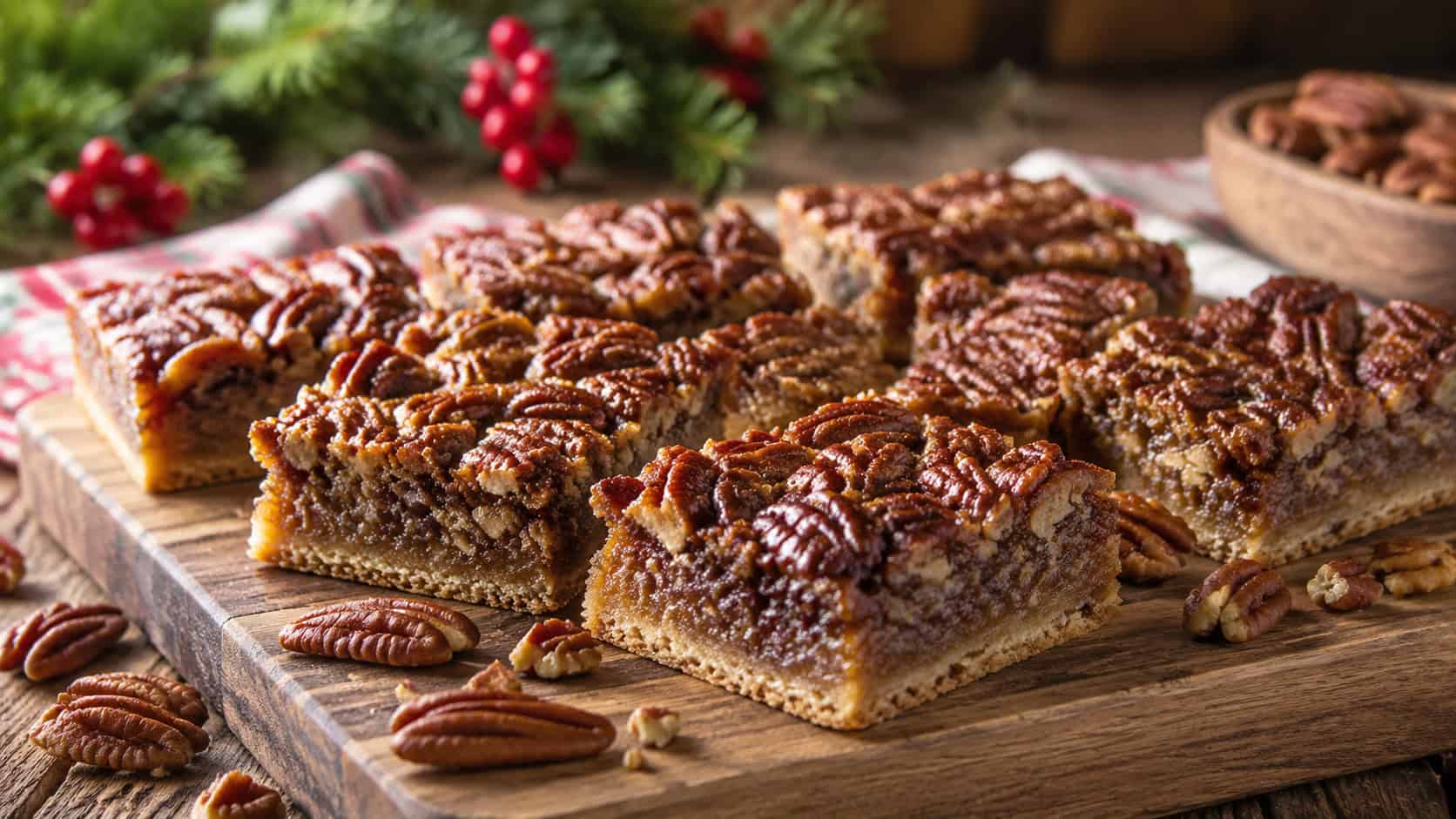 sticky gluten-free pecan pie bars in a wide horizontal shot, sliced into squares on a wooden board with toasted pecans scattered around on a rustic holiday table, natural light, shallow depth of field, landscape orientation