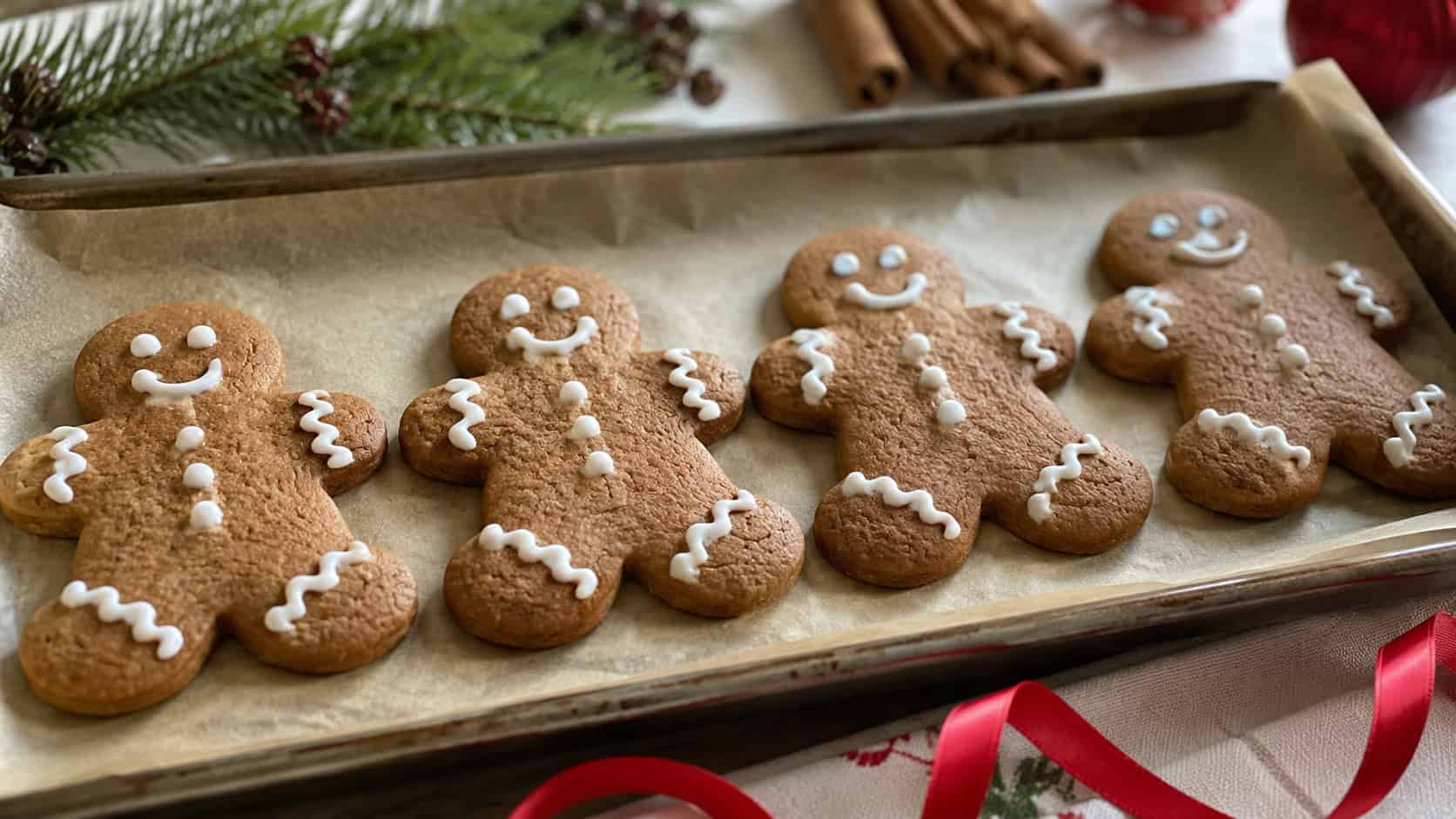 gluten-free gingerbread men cookies decorated with white icing in a wide horizontal shot, lined up on a parchment-lined tray with cinnamon sticks and a red ribbon on a festive table, natural light, shallow depth of field, landscape orientation