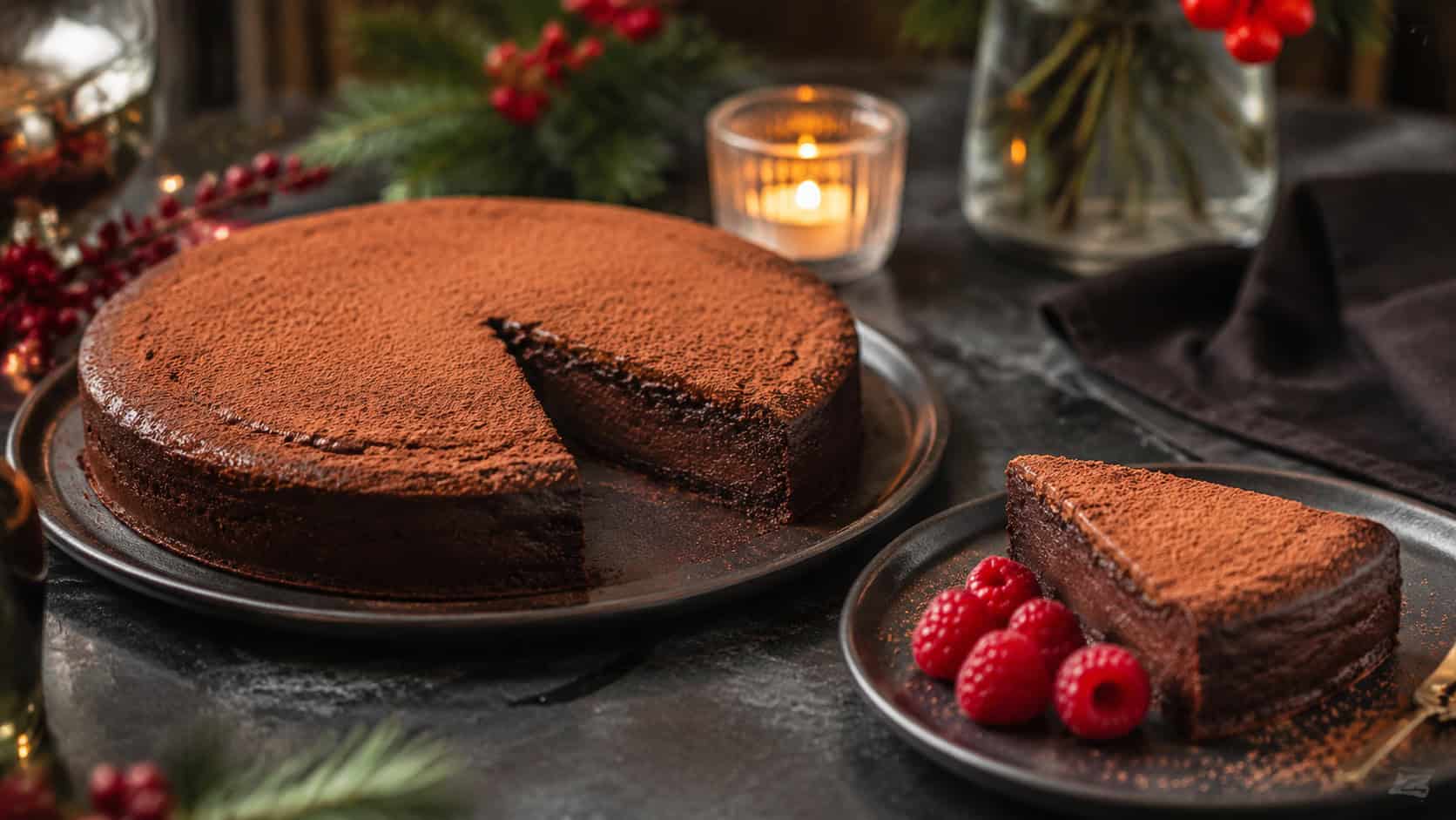 a fudgy flourless chocolate cake dusted with cocoa in a wide horizontal shot, one slice pulled onto a small plate with raspberries on a dark elegant holiday table, natural light, shallow depth of field, landscape orientation