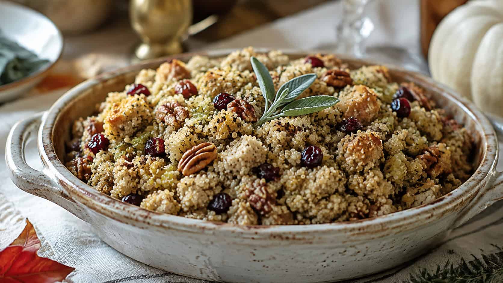 fluffy quinoa stuffing with cranberries and pecans in a wide horizontal shot, served in a rustic ceramic dish garnished with fresh sage on a holiday table, natural light, shallow depth of field, landscape orientation
