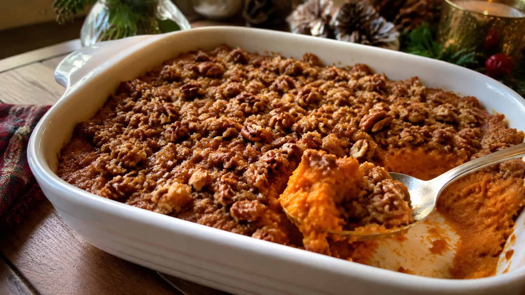 sweet potato casserole with a golden pecan streusel topping in a wide horizontal shot, in a white baking dish with a spoonful scooped out on a cozy holiday table, natural light, shallow depth of field, landscape orientation
