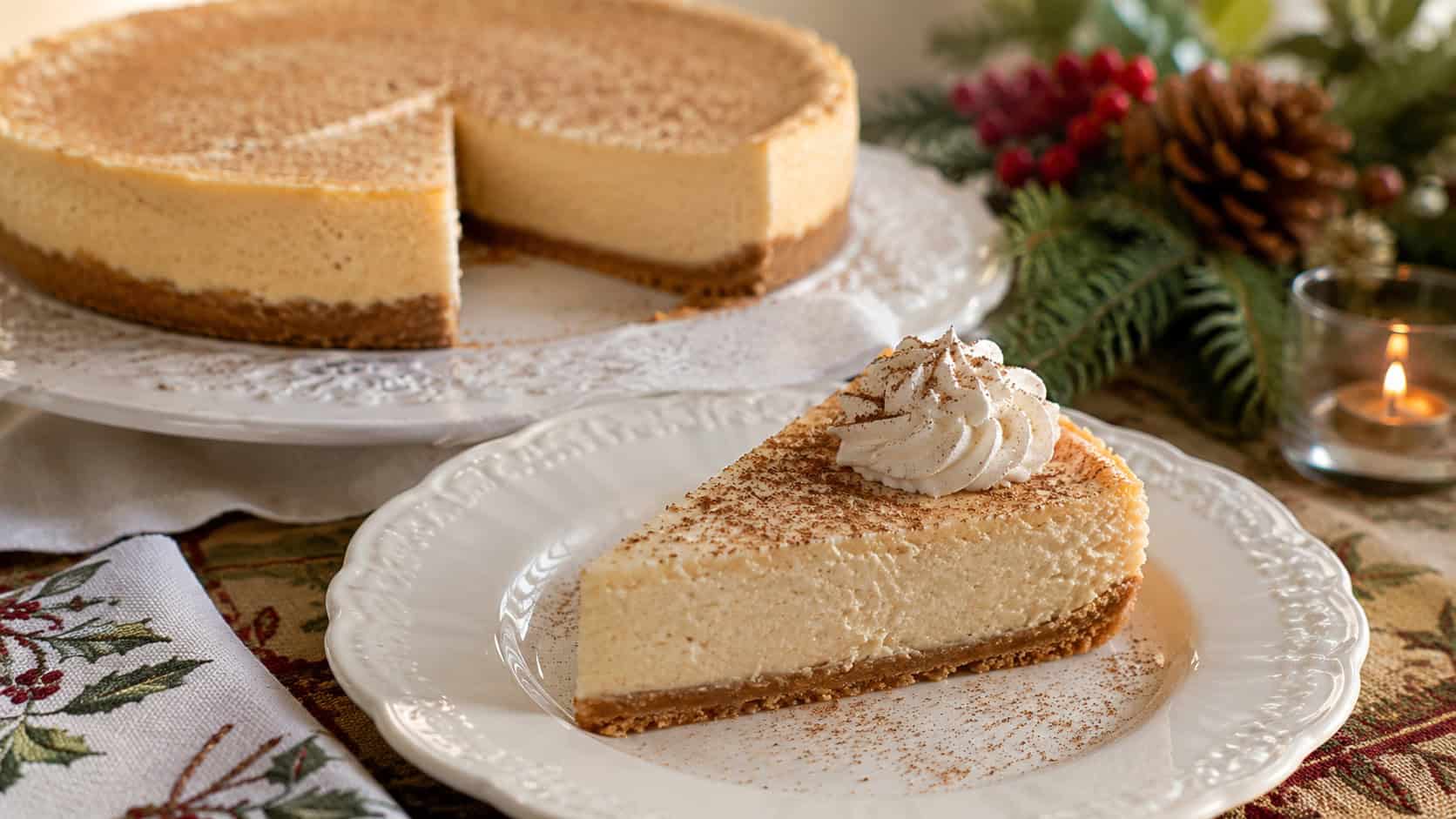 a creamy eggnog cheesecake dusted with nutmeg in a wide horizontal shot, one slice plated with a swirl of cream on an elegant white platter on a festive table, natural light, shallow depth of field, landscape orientation